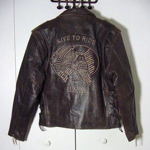 Vtg Brown Leather Gallery Moto Live To Ride Eagle Embossed Leather Jacket Sz L